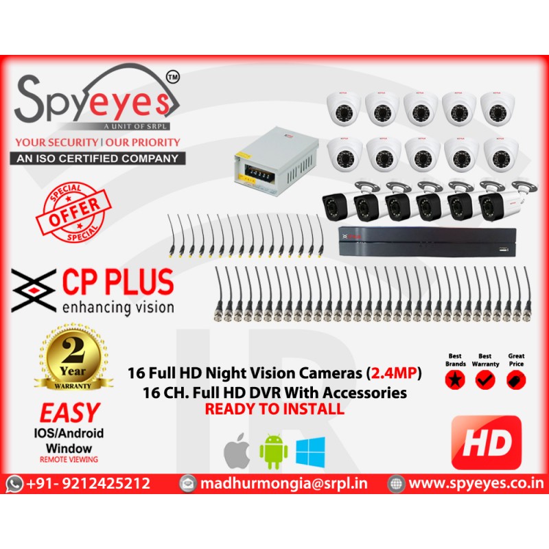 CP Plus 16 HD ( 10 Indoor 6 Outdoor ) 2.4 MP Full HD CCTV Cameras Complete Package